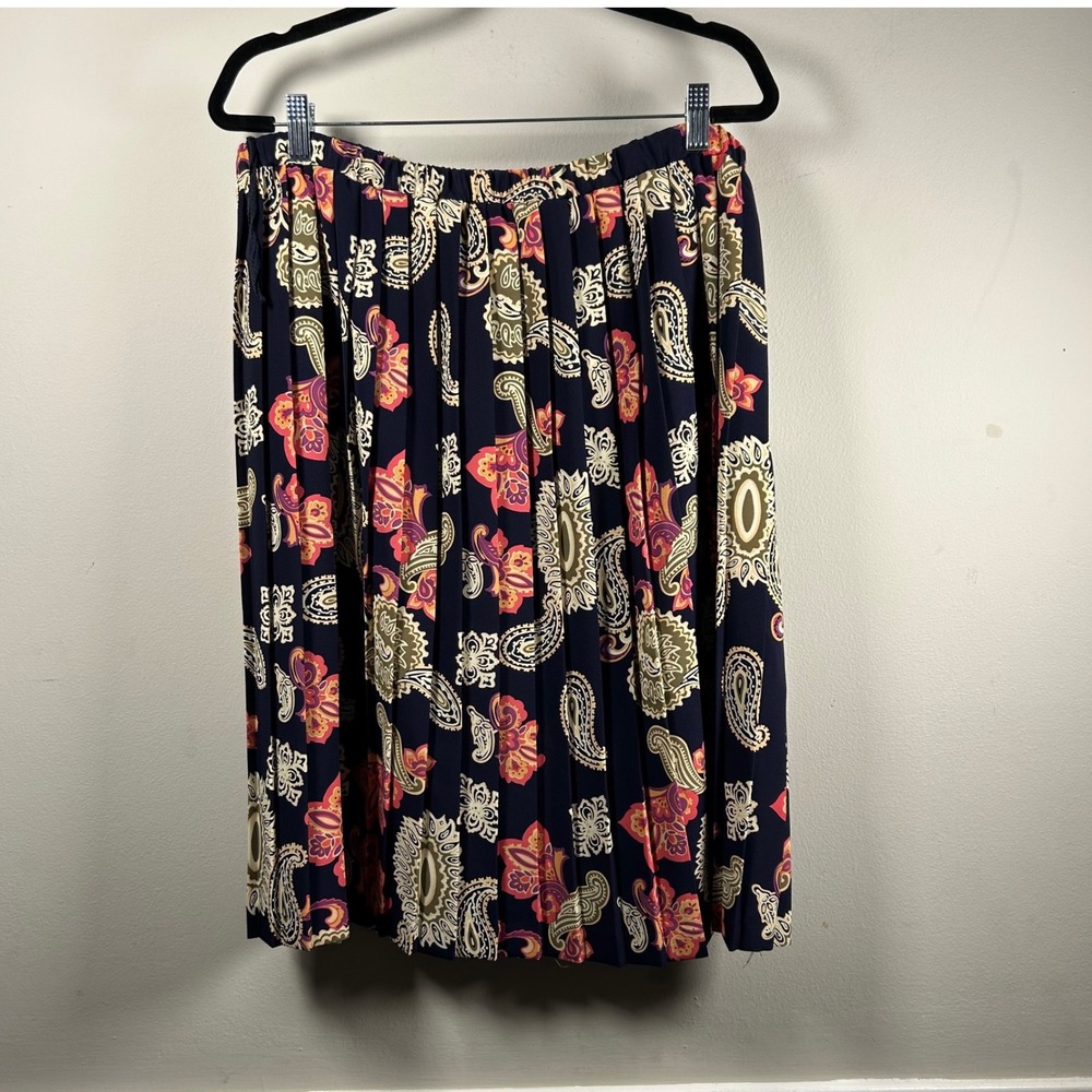 Pleated Skirt Womens 16 Navy Blue Pink Paisley Floral Vintage Midi